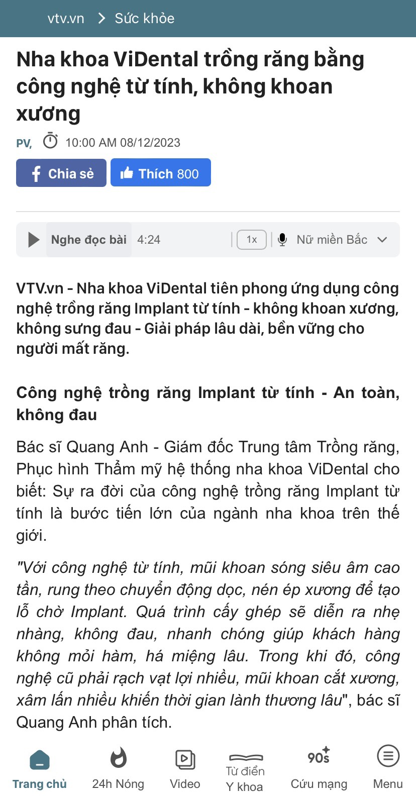 Báo điện tử VTV nhận định công nghệ trồng răng từ tính là giải pháp lâu dài, bền vững cho người mất răng